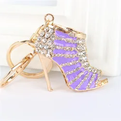 Purple High Heels Shoe Pendant Charm Rhinestone Crystal Purse Bag Keyring Key Chain Accessories Wedding Party Lover Gift