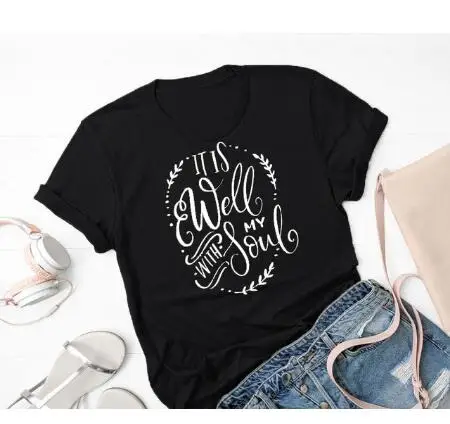 It is well with my soul T-Shirt Stylish Belief Coll Top Fashion Clothing Summer Christian Slogan Gift Harajuku Yellow Tee