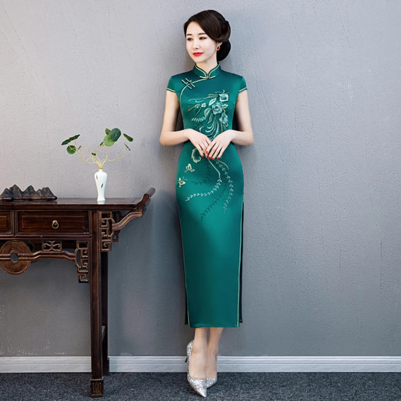 

Mandarin Collar Female Satin Long Evening Cheongsam Chinese Women's Qipao Sexy Print Flower Dresses Vintage Button ZAYS519