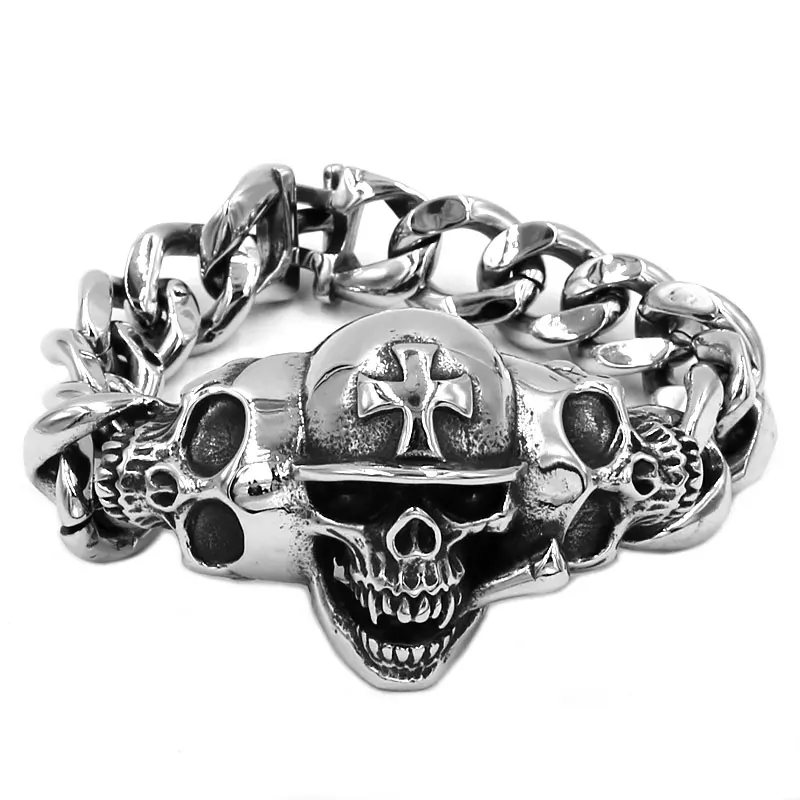 Vintage Hat Cross Skull Bracelet Stainless Steel Jewelry Personality Large Skull Motor Biker Mens Boys Bracelet SJB0348A