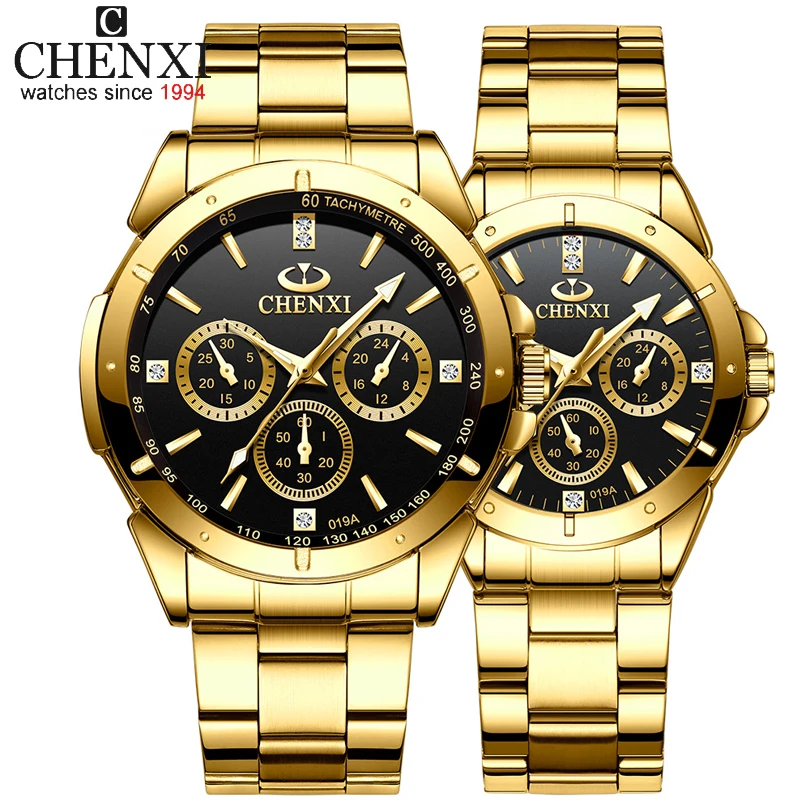 Marca superior CHENXI Set reloj hombres mujeres lujo cuarzo dorado pareja reloj de pulsera impermeable reloj de acero inoxidable relojes para hombre y mujer