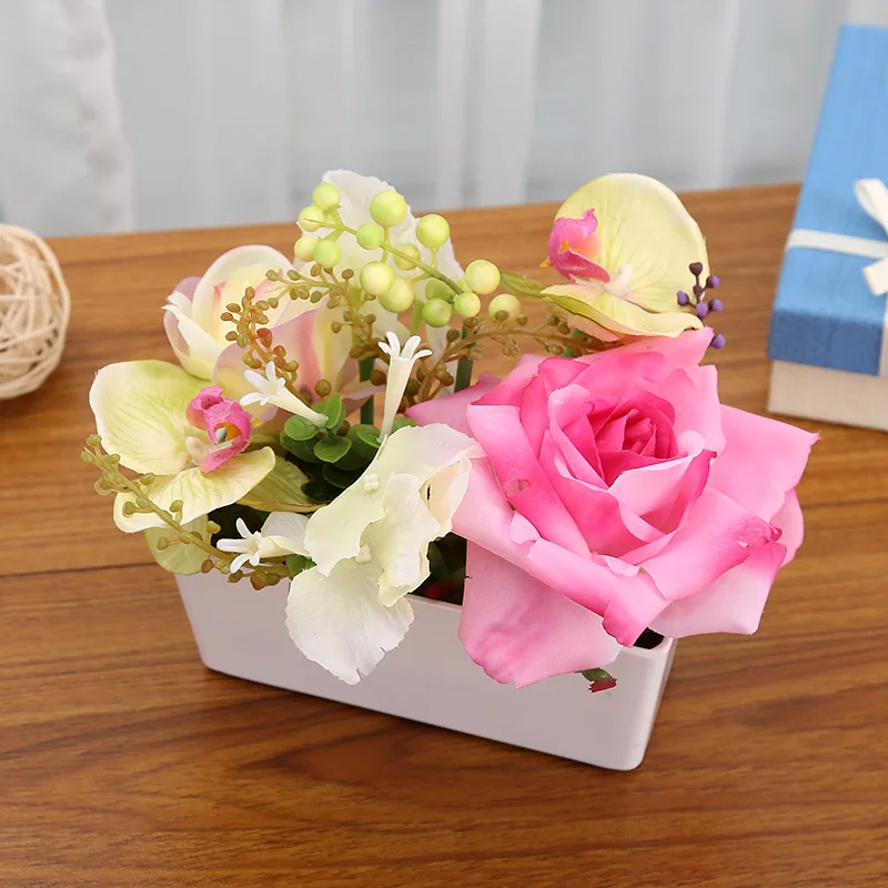 

Artificial Roses Orchid Plant Bonsai Simulation Flowers Leaves Ornament With Flowerpot Wedding Home Garden Christmas Party Decor