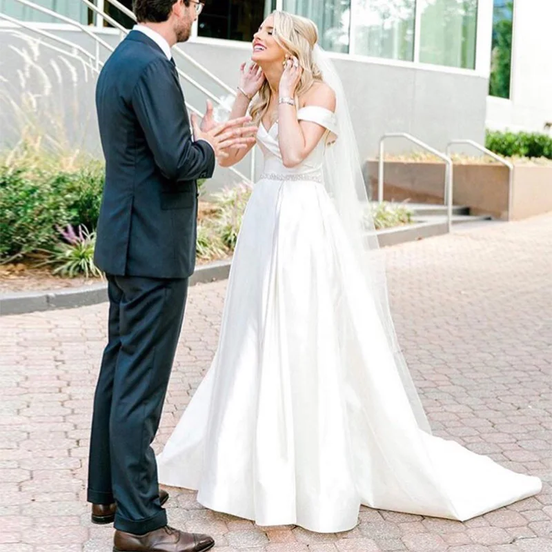 Off The Shoulder A-line Wedding Dress White Ivory Elegant Simple Satin 2019 Cheap Bridal Dresses With Detachable Diamond Sash