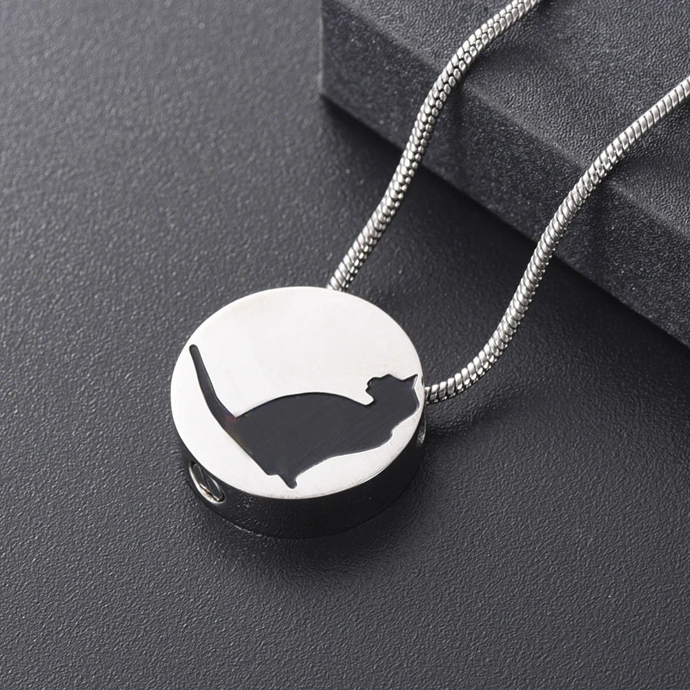 IJD10735 Round Cute Cat Cremation Necklace for Ashes,Stainless Steel Pet Cats Keepsake Memorial Urn Necklace