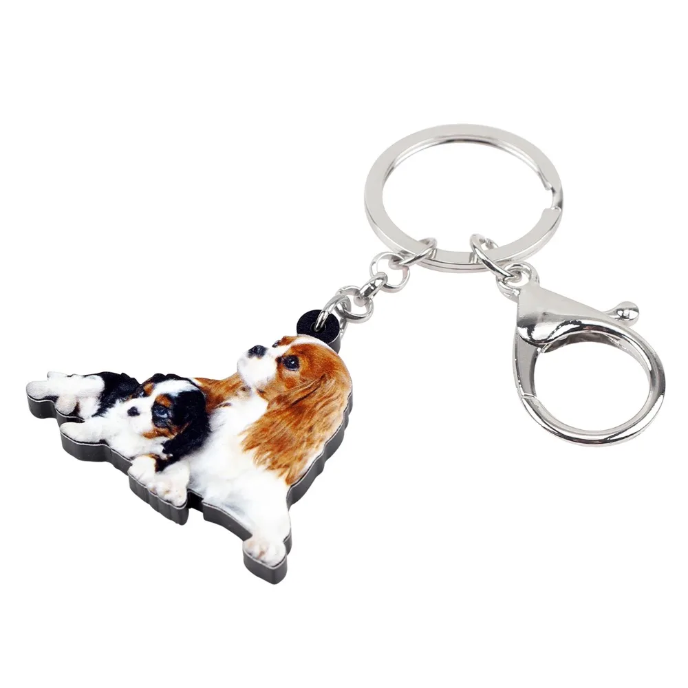 Bonsny Acrylic Cute Double Cavalier King Charles Spaniel Dog Key Chains Keychains Rings Bag Car Charms Jewelry For Women Girls