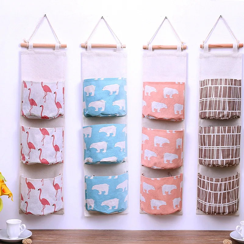 Flamingo Pattern Cotton Linen Hanging Storage Bag 3 Pockets Wall Mounted Wardrobe Hang Bag Wall Pouch Cosmetic Toys Organizer