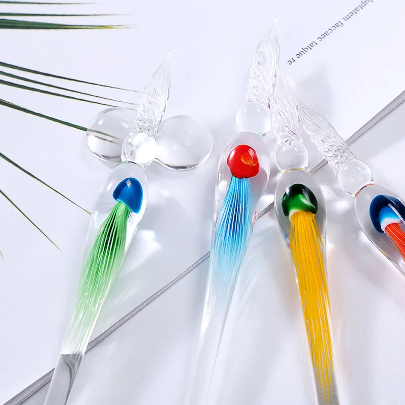 Kwallen Glas Dip Pen Crystal Touch Water Zilveren Transparante Kleur Inkt Pen Geschenkdoos