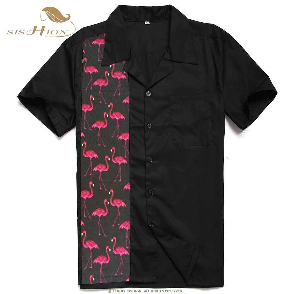 

SISHION 50's Inspired Button Up Bowling Men Shirt ST110 Red Flamingo Short Sleeve Cotton Black Vintage Classic Retro Shirt