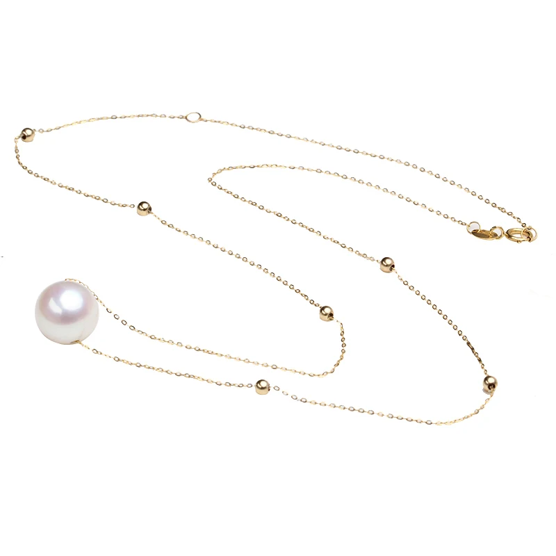 Sinya 18k Gold Choker Necklace with 7.5-10mm Natural Round Pearls and 3mm Gold Beads Au750 Gold Chain Length 45cm for Women Girl