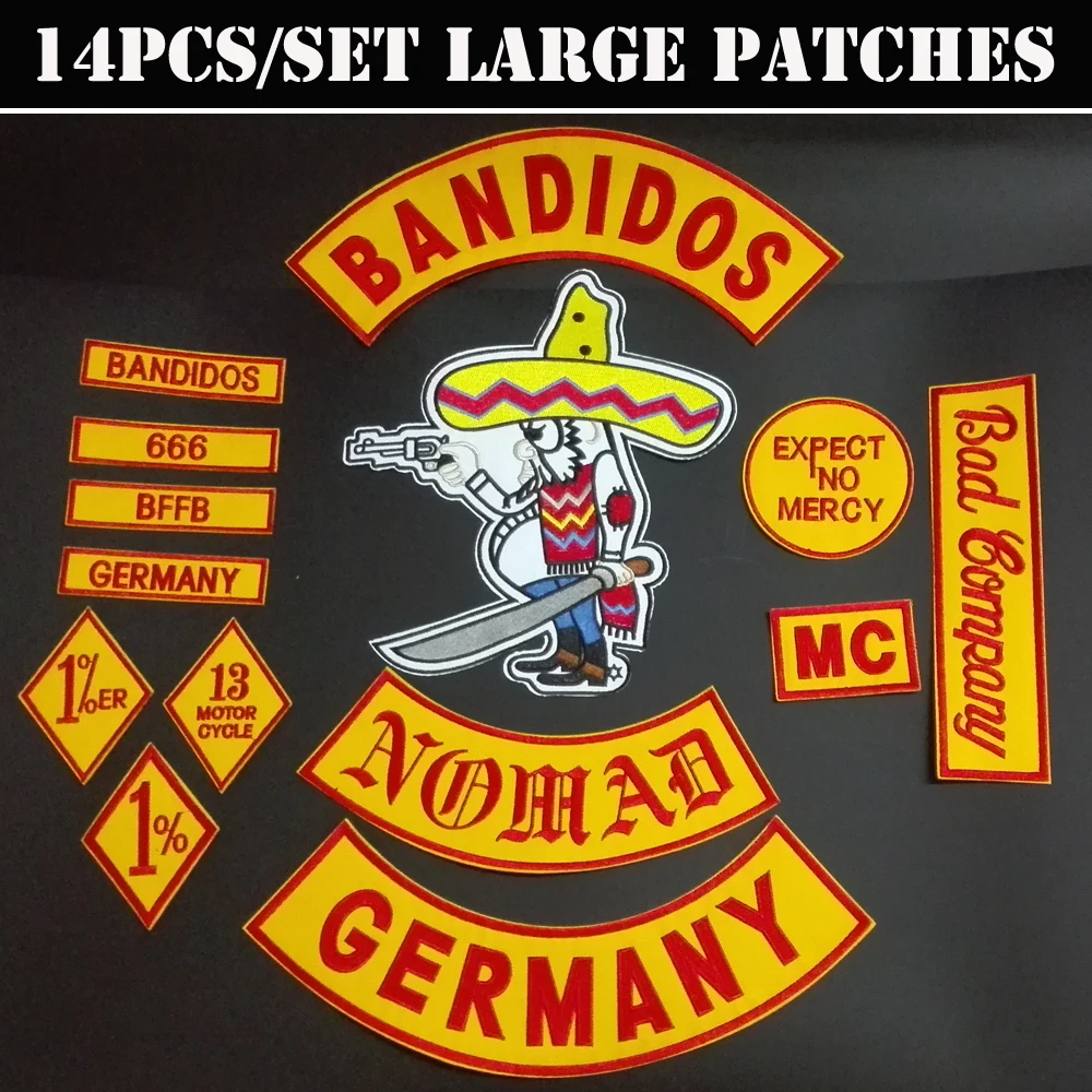 NEW ARRIVED 14PCS/SET BANDIDOS GERMANY NOMADS EMBROIDERED ACCESSORIES FOR CLOTHING GARMENTS PATCHES GOODS SELLERS