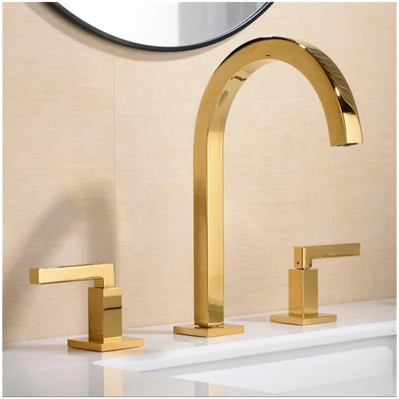 Basin Faucets Brass Polished Gold Deck Mounted Square Bathroom Sink Faucets 3 Hole Double Handle Hot And Cold Water Tap