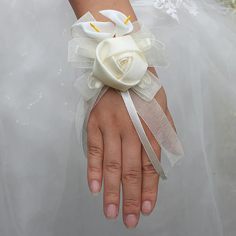 Wifelai-eine 1 teile/los Elfenbein Seide Rose Blumen PE Calla Lilie Handgelenk Blumen Braut Band Hochzeit Corsage Hand Blumen elfenbein Farbe