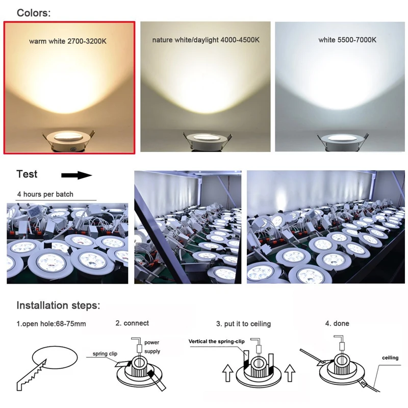 Luminária led dimerizável, 3w, 5w, 7w, 9w, 12w, cob, 85-265v, refletor embutido, luz de teto para iluminação interna, corpo branco