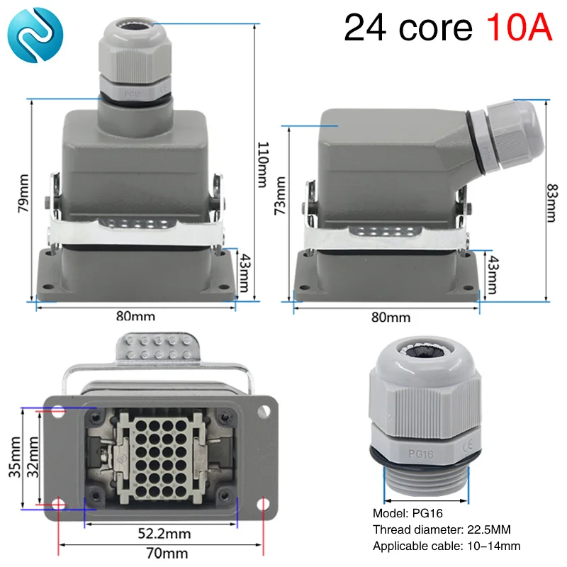 Heavy duty connector 24 pins core cold hdc-hd-024 rectangular aviation plug socket industrial waterproof socket 10A 250V