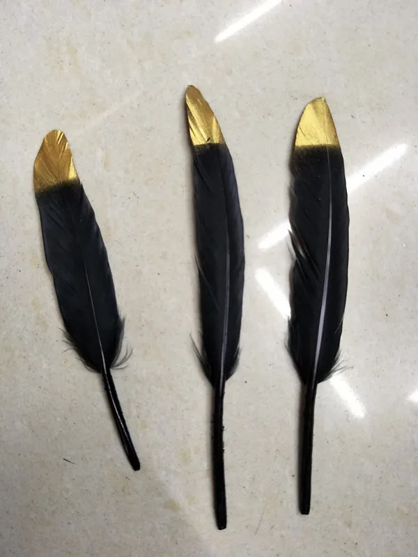 

Free shipping wholesale 500pcs natural Wild goose feathers 10-15cm/4-6inch Gold head black Decorative diy collect Accessories