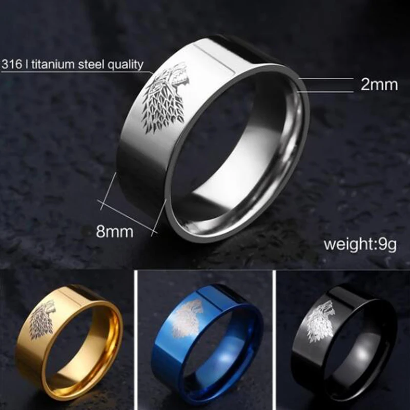 Fashion 316L stainless steel jewelry power game Stark of Winterfell ring cool men's ring (silver, gold, black, blue optional)