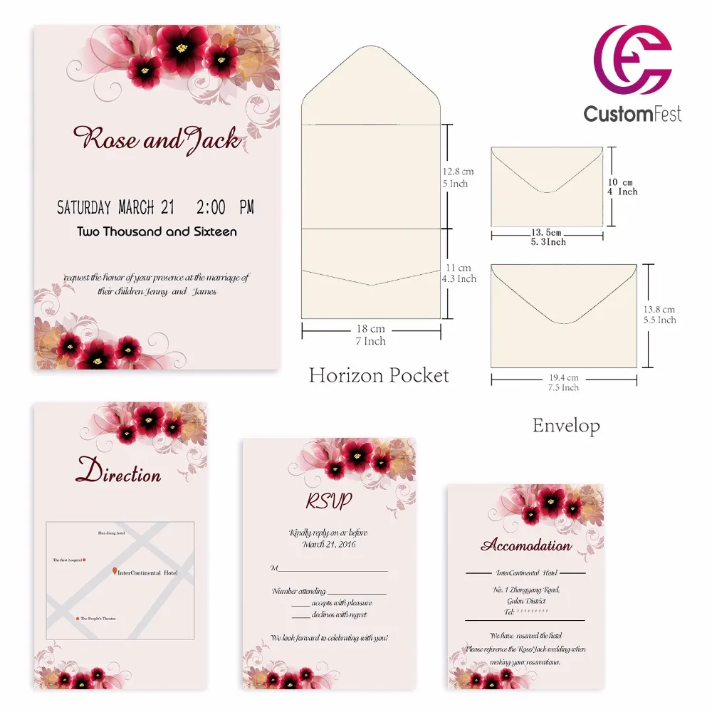 30pcs/lot personalized pocket card set  red flower pocket envelop+matching envelop+card+RSVP free shipping PKEE007V103