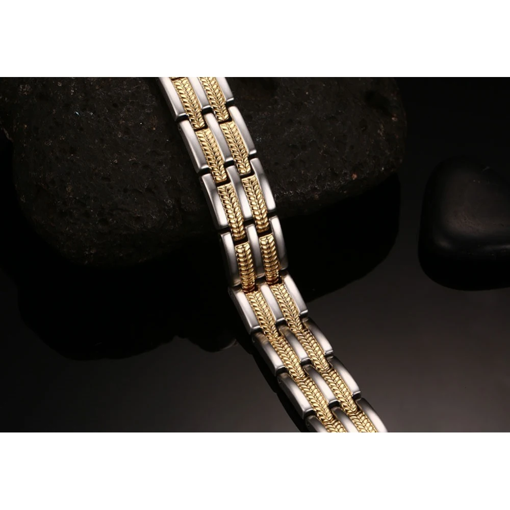 Vinterly Mens Chain Link Bracelet Wheat Black Stainless Steel Health Energy Germanium Magnetic Bracelets Bangles For Men Jewelry