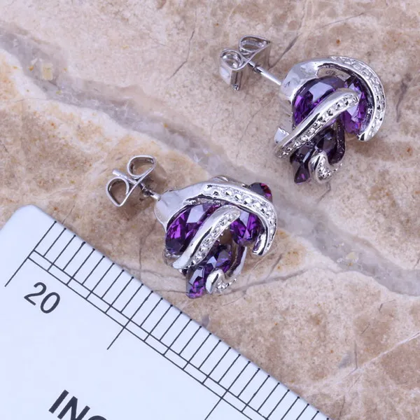 Distinctive Purple Cubic Zirconia Silver Plated Jewelry Sets Earrings Pendant Ring Size 6 / 7 / 8 / 9 / 10 S0125