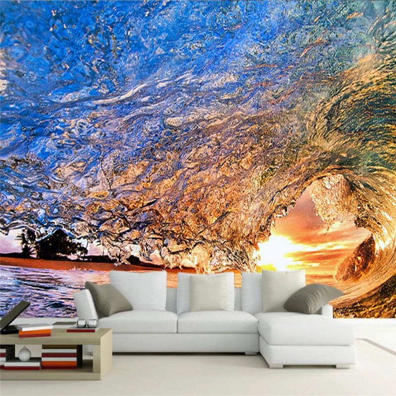 wellyu Sea waves sunrise Oriental background wall custom large mural green silk wallpaper papel de parede para quarto