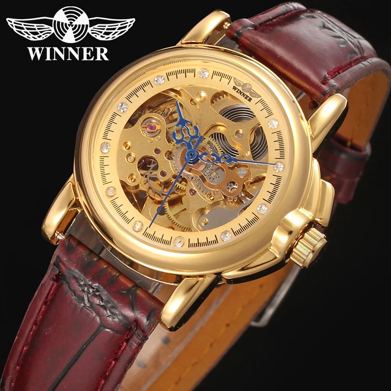 Fashion Winner Top Automatic Mechanics Clock Women Top Brand Design With Luxury Gold Color Dial Leather Watches Relojes Mujer