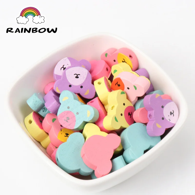 Mixed Colours Bear Pattern Bear Shape Wooden Material Spacer Beads For Jewelry Making DIY 20x15mm 50pcs