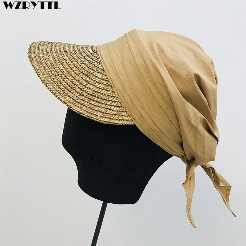 New Women Sun Cap Woven Straw Hat Visor Patchwork Breathable Cotton Turban Hat Baseball Style Summer Cap Casual Street Beach Cap