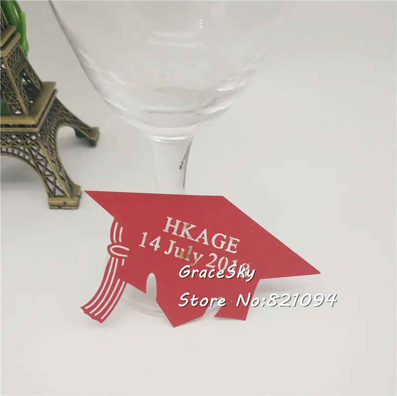 50pcs Free Shipping laser Cut graduation Ceremon Cap glass cards Party Decoration Cutomized Name Card Seat Invitation Cup Card