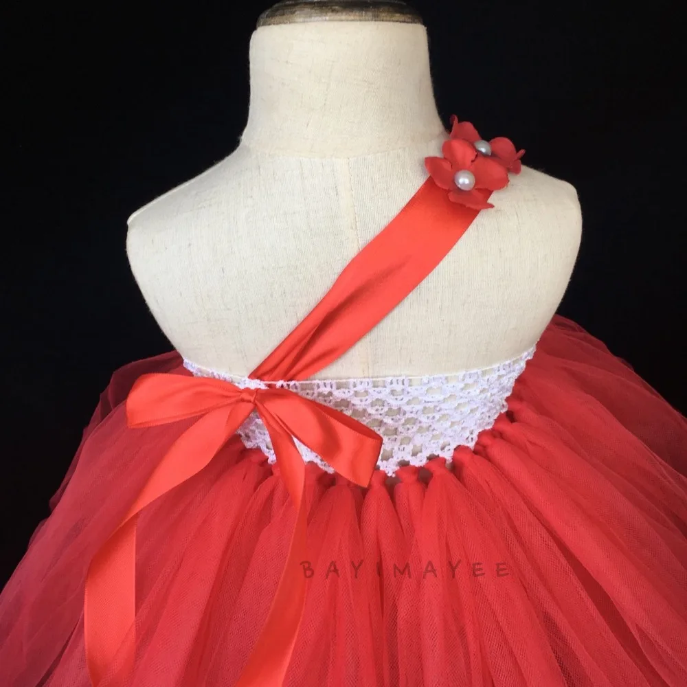 Vestido Rojo tutú para niñas, vestido de tul esponjoso de un solo hombro con diadema de flores de perlas, vestidos de fiesta de boda para niños