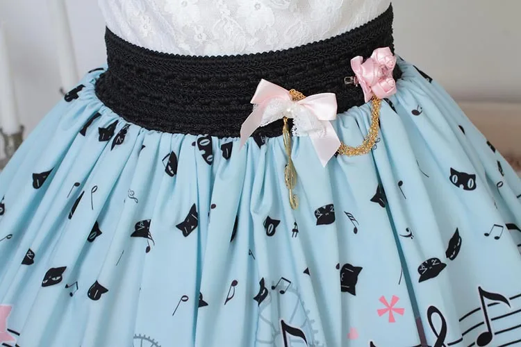 Piano Keyboard Printed Skirts Women Sky Blue Sweet A-Line Lolita Super Cute Girl Teen Horpsichord Pleated Lace Cat Bottoms