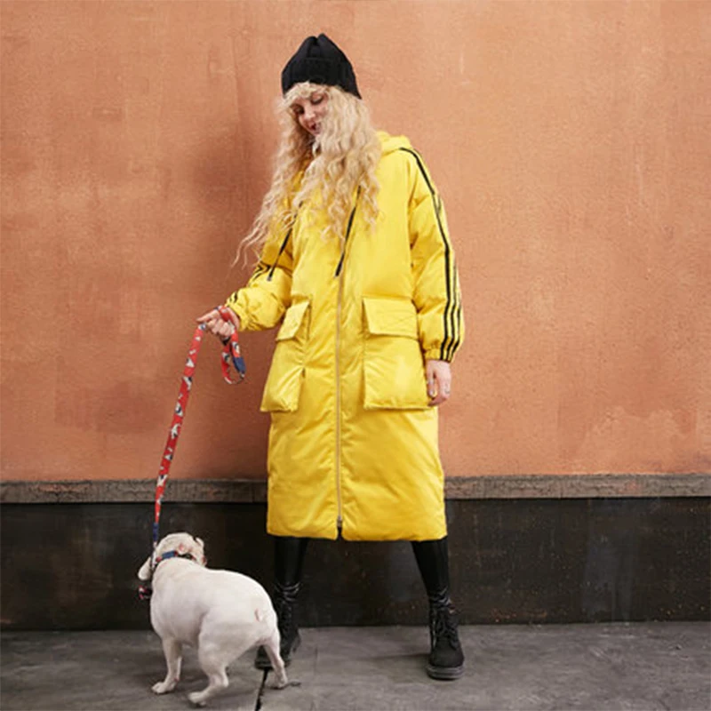 Autumn and Winter women long duck down warm jacket Yellow and white color with hat plus size cocoon style parkas sport outwear