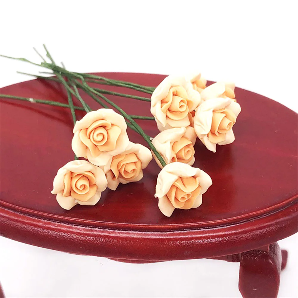 10Pcs 1/12 Dollhouse Miniature Accessories Mini Yellow Chinese Rose Simulation Flower Model Toy for Doll House Decoration