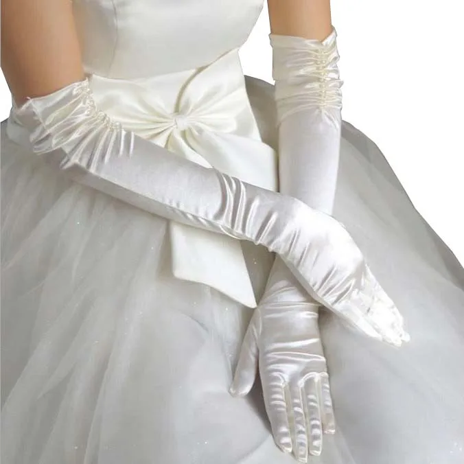 White or Ivory or Black Long Elbow Length beaded Satin Full Finger Wedding Gloves Bridal Gloves for Women Bride Party Prom