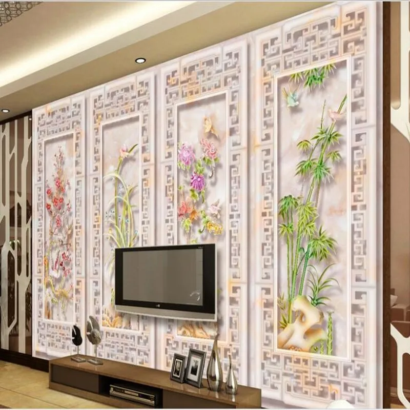 

wellyu Customized large - scale murals marble reliefs Meilan Zhuju living room TV sofa background wall non - woven wallpaper