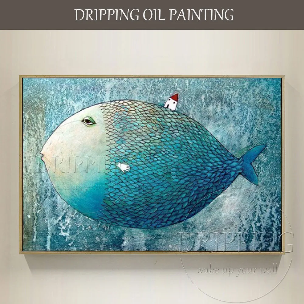 Skilled Artist Hand-painted High Quality Modern Abstract Fish Oil Painting on Canvas Funny Fat Fish with House Oil Painting