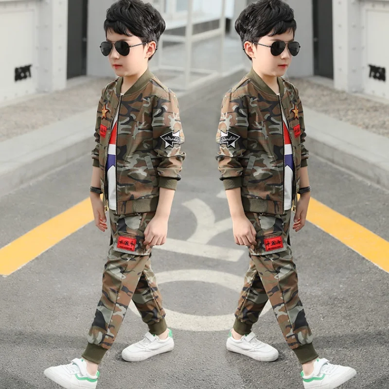 

Boys Spring Camouflage Suit 2 Pcs 2019 New Kids Army Uniform Clothes Twinset Children's Fall Striped Sports Clothing Set B182