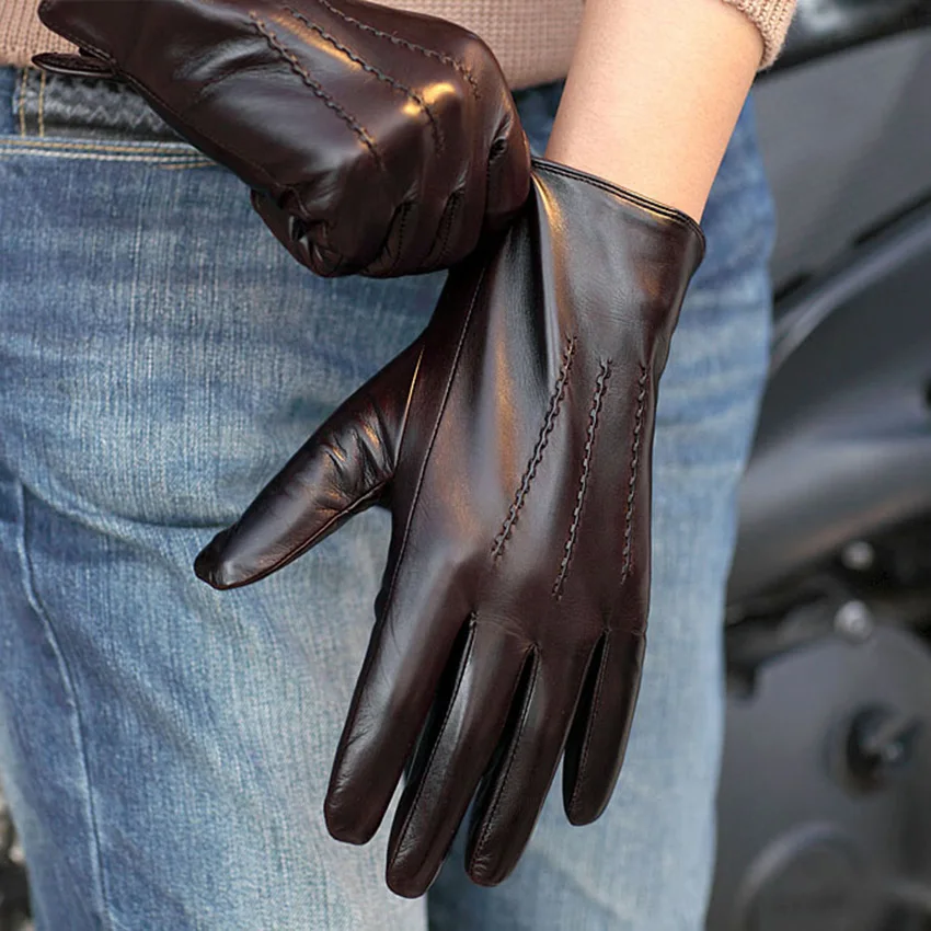 Men TouchScreen Leather Gloves Warm Fashion Winter Genuine Goatskin Driving Glove Five Finger M007NC1