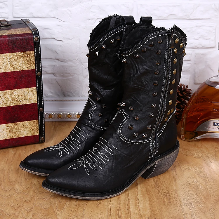 Italian Men Knee High Boots Black Brown High Top Work Studded Cowboy Boots Pointed Toe Rivets Motorcycle Shoes Man