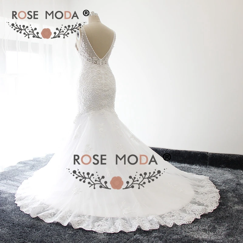 Rose Moda Ren Mermaid Wedding Dress Low V Trở Lại Boho Wedding Dresses 2019