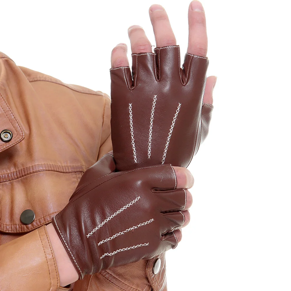 Men Driving Gloves, Leather Gloves Nappa Leather Half Finger Fingerless Gloves Sheepskin Gloves 3 lines Free Shipping