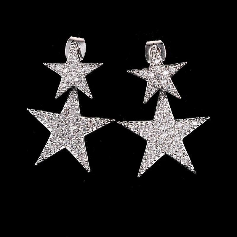 EMMAYA New Fashion Geometric Luxury Double Star Earrings For Women White Gold Silver Color Brincos