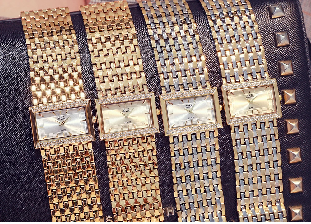 G&D Brand Women Watches Fashion Rectangle Case Quartz Clock Luxury Crystal Golden Bracelet Wristwatch Ladies Watch