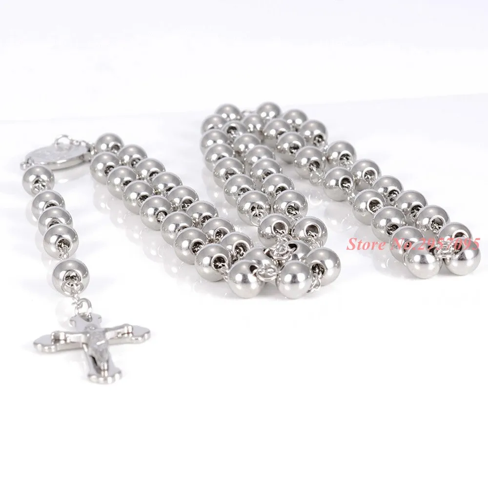 4/6/8/10MM Classic Womens Mens Necklace Stainless Steel Silver Color Bead Rosary Chain Jesus Christ Cross Pendant Free Shipping