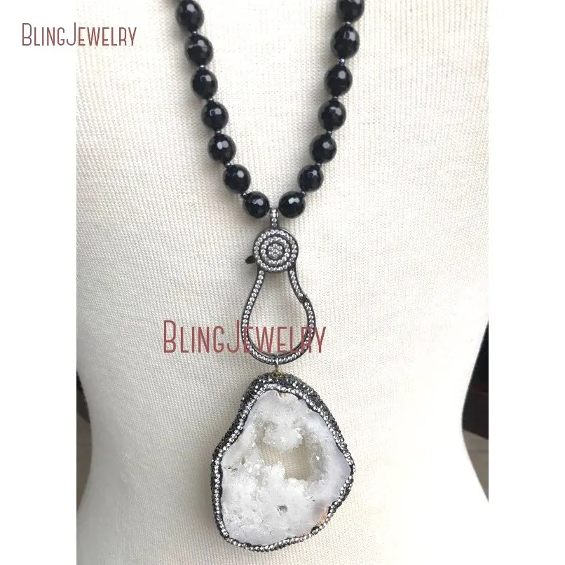 

Gunmetal Pave Large Clasp with Crystal White Geodee Druzy Stone Pendant Faceted Black Onyx and Hematite Beads NM18391