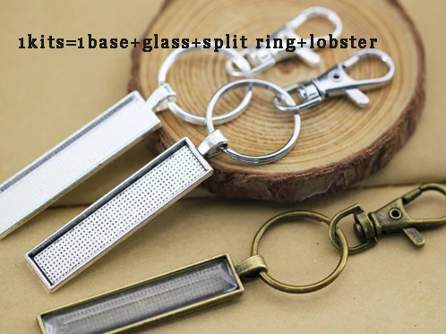 10kits 10X50mm Rectangle Key Chains Include Base+Glass+Lobster+Split Ring For Women&Men DIY Key Chain Accessories Making