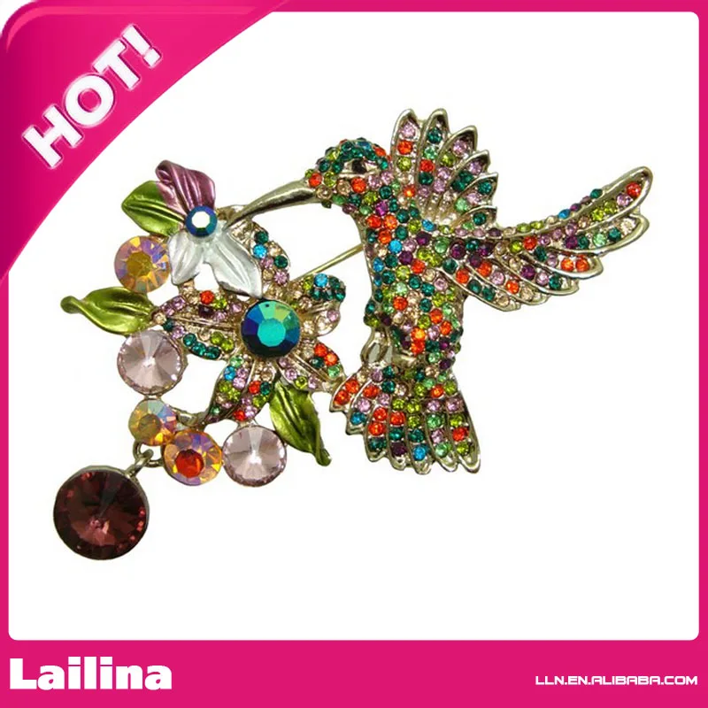 

2.95" Pretty Wings Hummingbird Flower Cluster Crystal Bird Brooch Pin ( Mix Color Rhinestone )