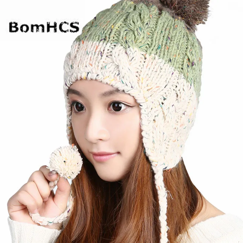 BomHCS Thick Warm Winter Knit Hats Women Lady Handmade Ear Muff Beanie Skully Cap