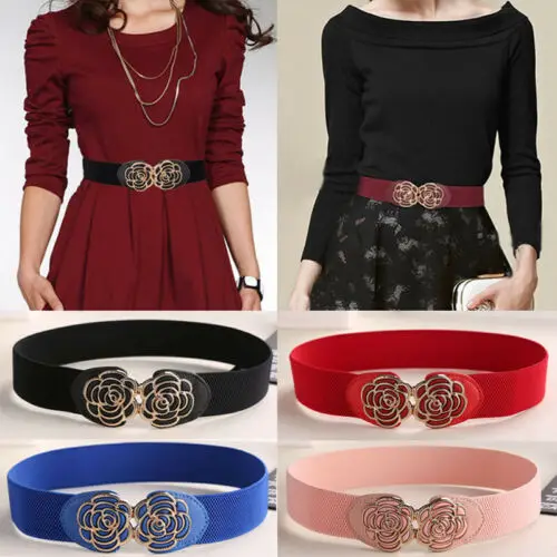 Hot Women Wide Waist Belt Vintage Metal Flower Elastic Stretch Buckle Waistband Cummerbunds