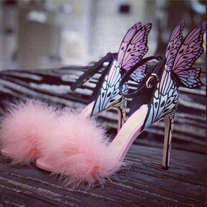 

Summer Pink Ostrich Fur Back Print Butterfly Wings Sandals Woman Thin High Heels Ankle Strap Wedding Shoes Women Sandalias