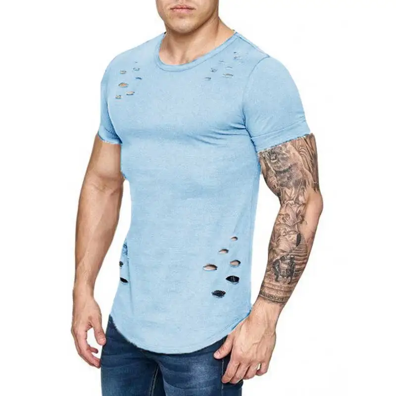 2023 New Summer Short Sleeve T Shirt Men Fashion Hole Designed Fitness T-shirt Solid Color Slim Fit Hip Hop men\'s tshirt  MY068